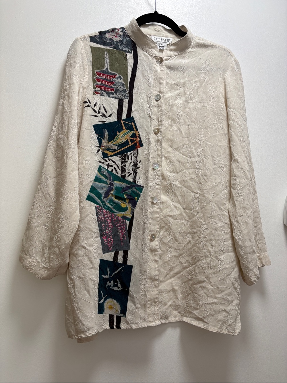 Citron Santa Monica Cream Button-Front 100% Silk Panel Shirt Jacket Asian Art